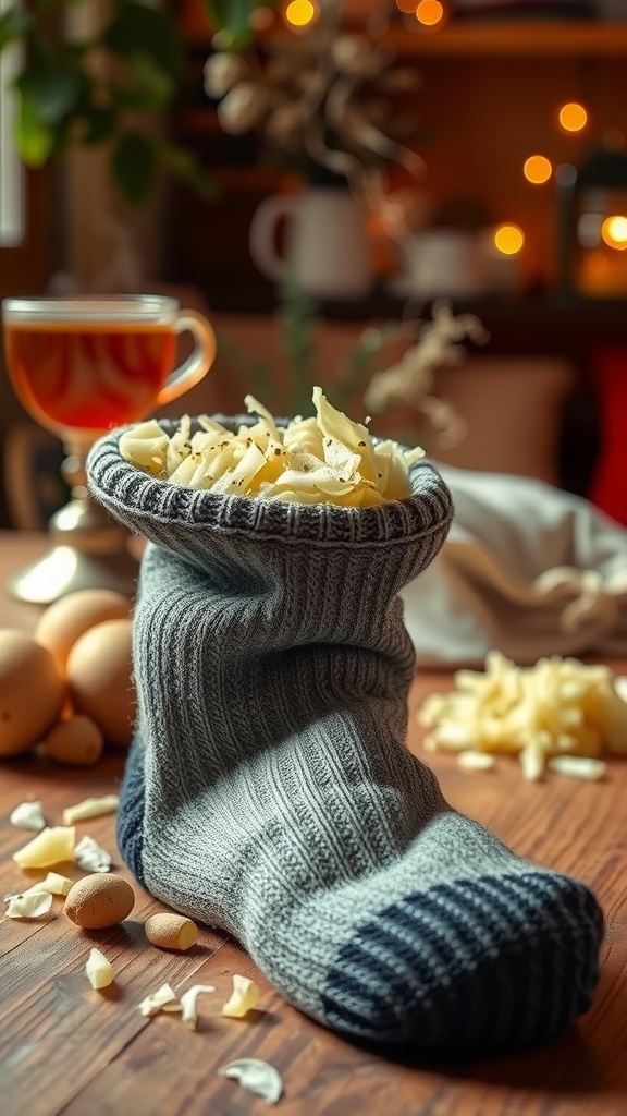 A warm potato sock remedy resting on a wooden table, ready for use.